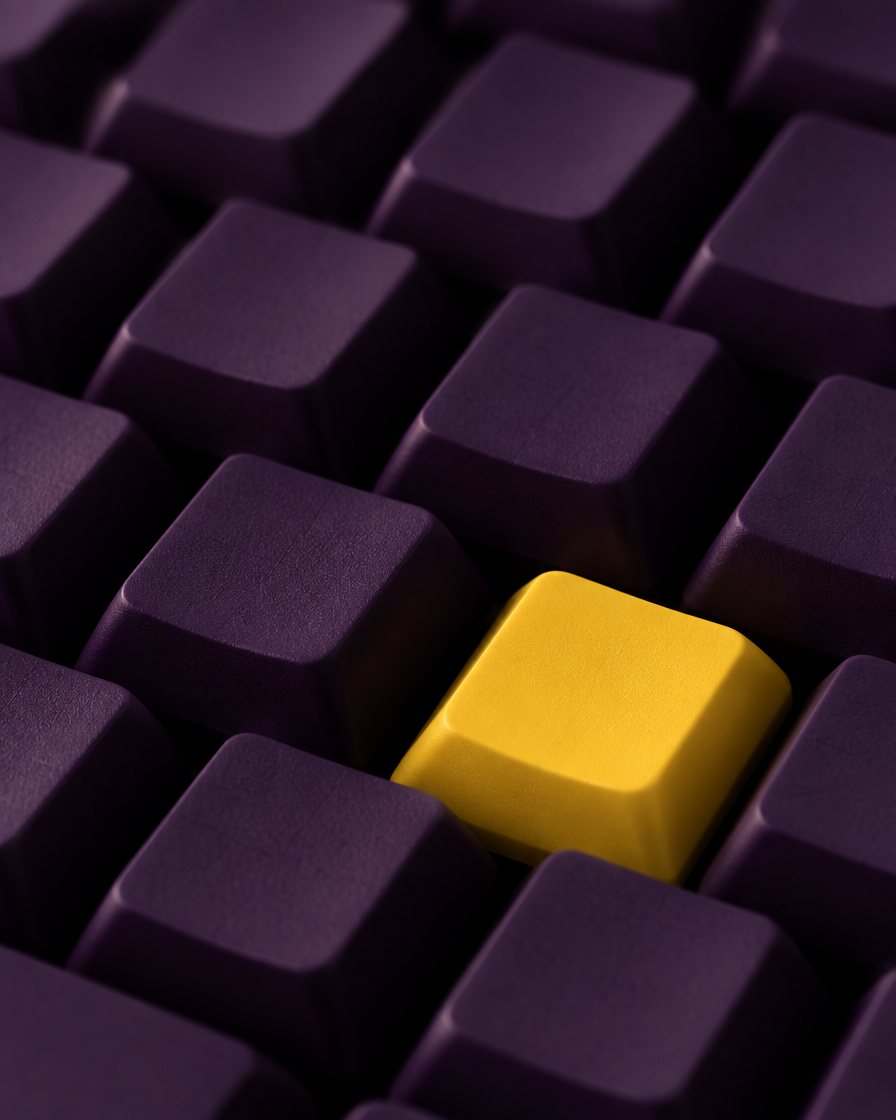 Un teclado de teclas moradas en el que una sola tecla, amarilla, está pulsada.