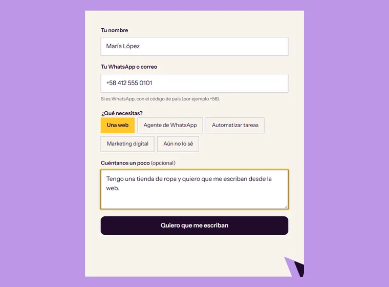 Formulario de contacto de la web de Clixa.